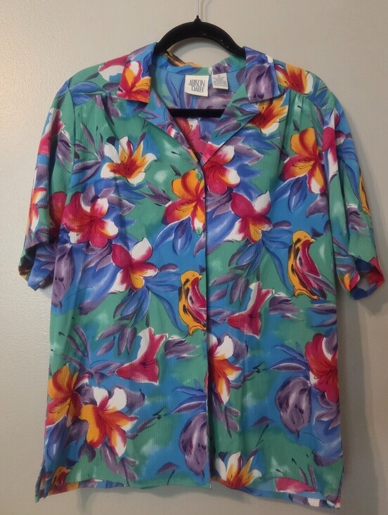 Allison Daley Tops - Vintage Women's Button Up Blue Floral Bird Tropical Hawaiian Beachy Shirt Sz 12
